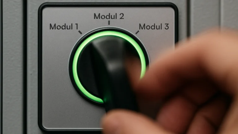 Ein Drehschalter mit 3 Optionen, Modul 1-3. Das Bild symbolisiert die Möglichkeit mit § 14 EnWg und dynamische Netzentgelten flexibel auswählen zu können, wie man spart.